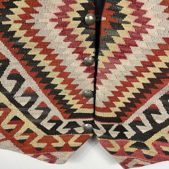 Vintage Turkish Kilim Vest Men's Large Beige Orange Artisan Wool Aztec Southwest - Picture 7 of 14